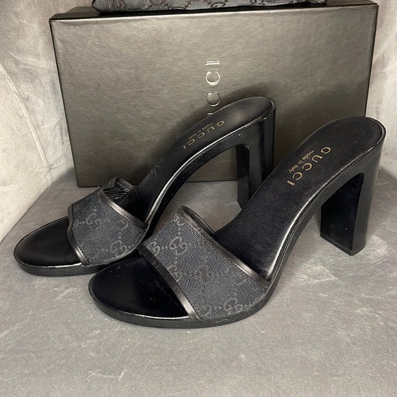 GUCCI | Sandalo Suola Gomma Original GG/Cuoio Maidera Heels in Nero - Picture 3 of 4